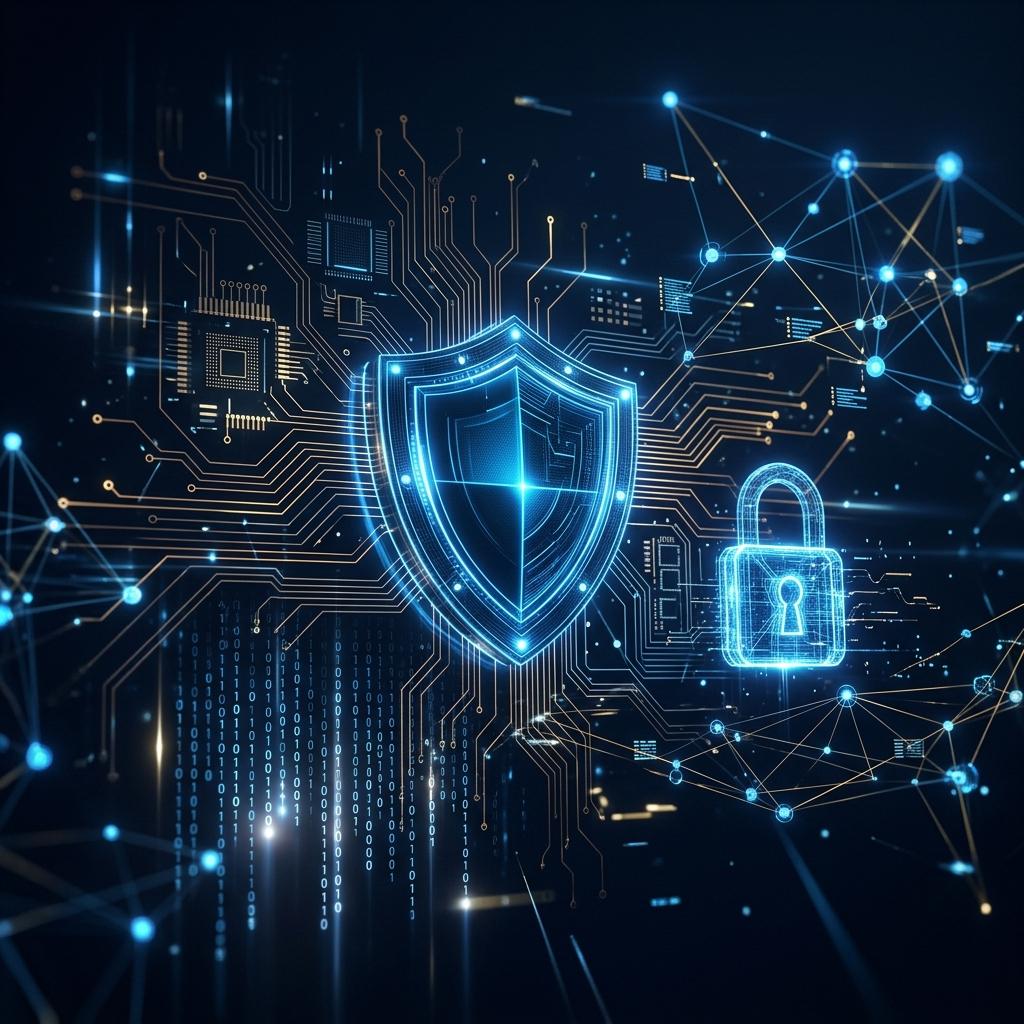Cybersecurity digital shield with circuit board patterns and network visualization